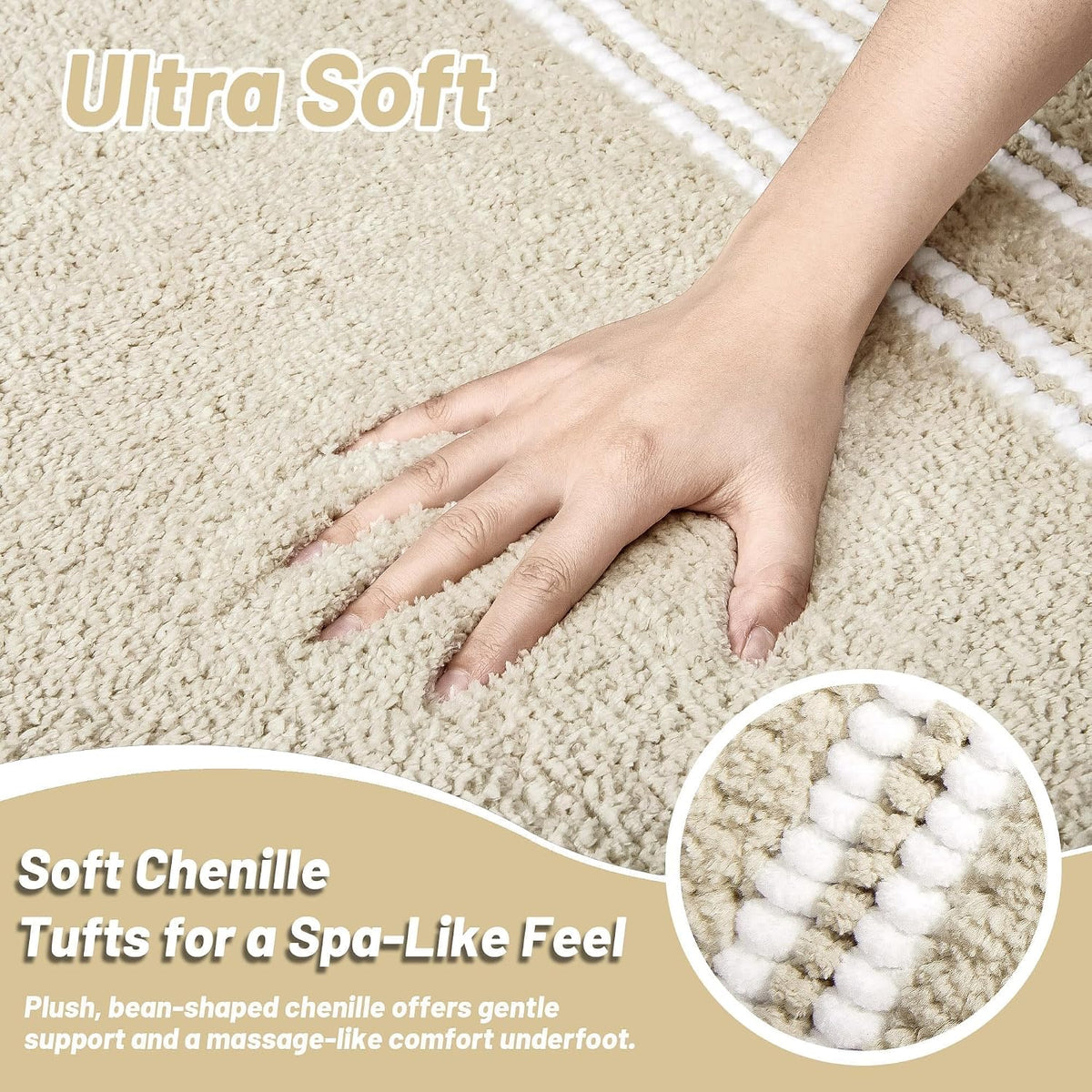 Bathroom Rugs Non Slip Washable 32x20, Ultra Soft Super Absorbent Bath Rugs for Bathroom Floor, Shaggy Chenille Bath Rug, Microfiber Plush Quick Dry Bath Mat for Bathtub, Sink and Shower, Beige
