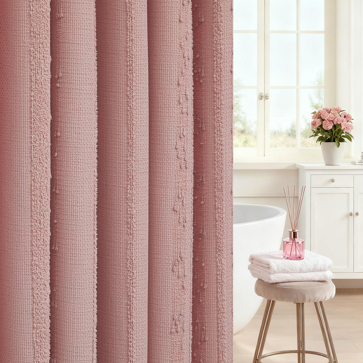 White Shower Curtain Boho, Textured Shower Curtain Cotton Blend Waffle Weave Stripe Fabric Shower Curtains for Bathroom, Hotel, Washable, 72 x 72