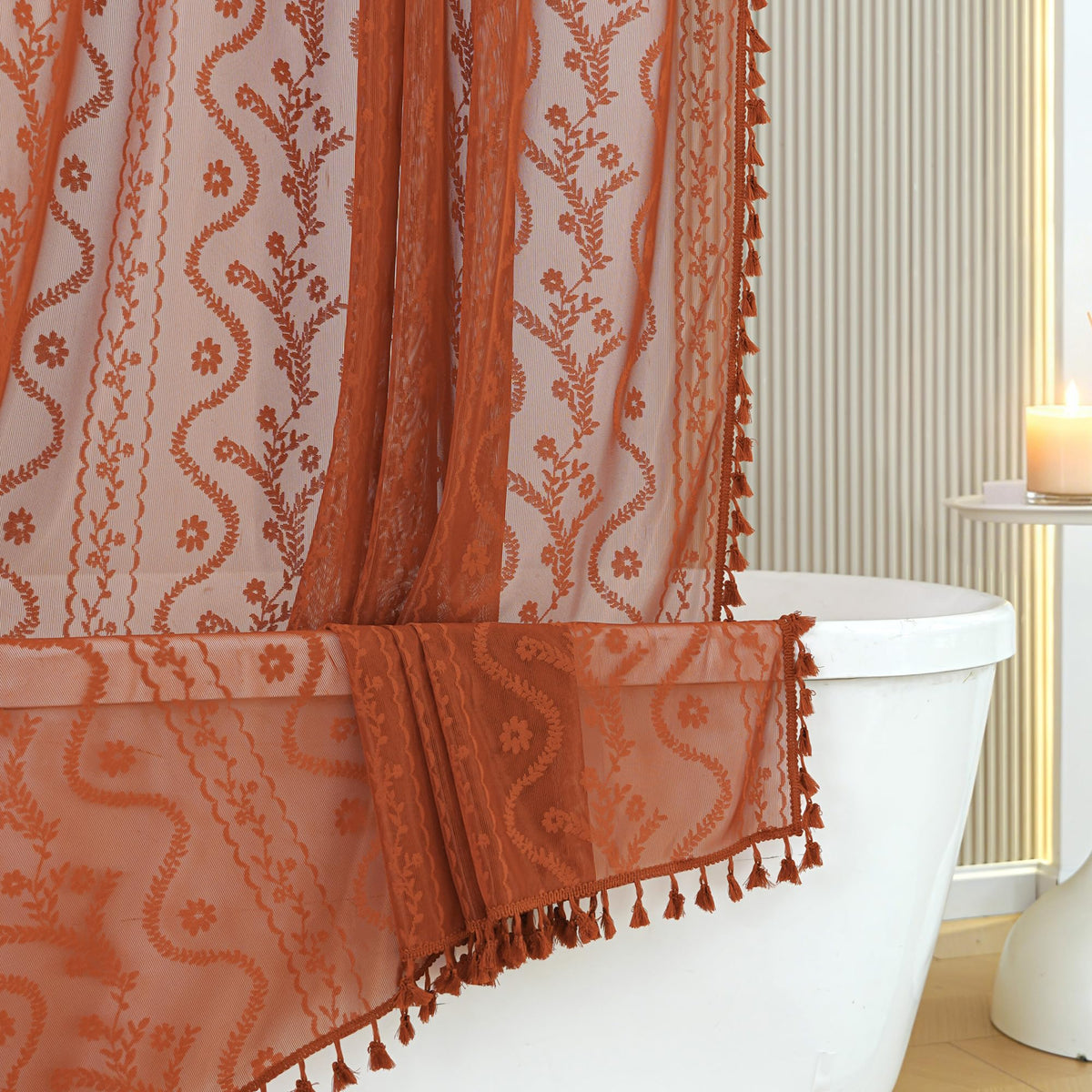WAZZIO Dark Sage Green Lace Shower Curtain,Boho Chic,72 x 84 in