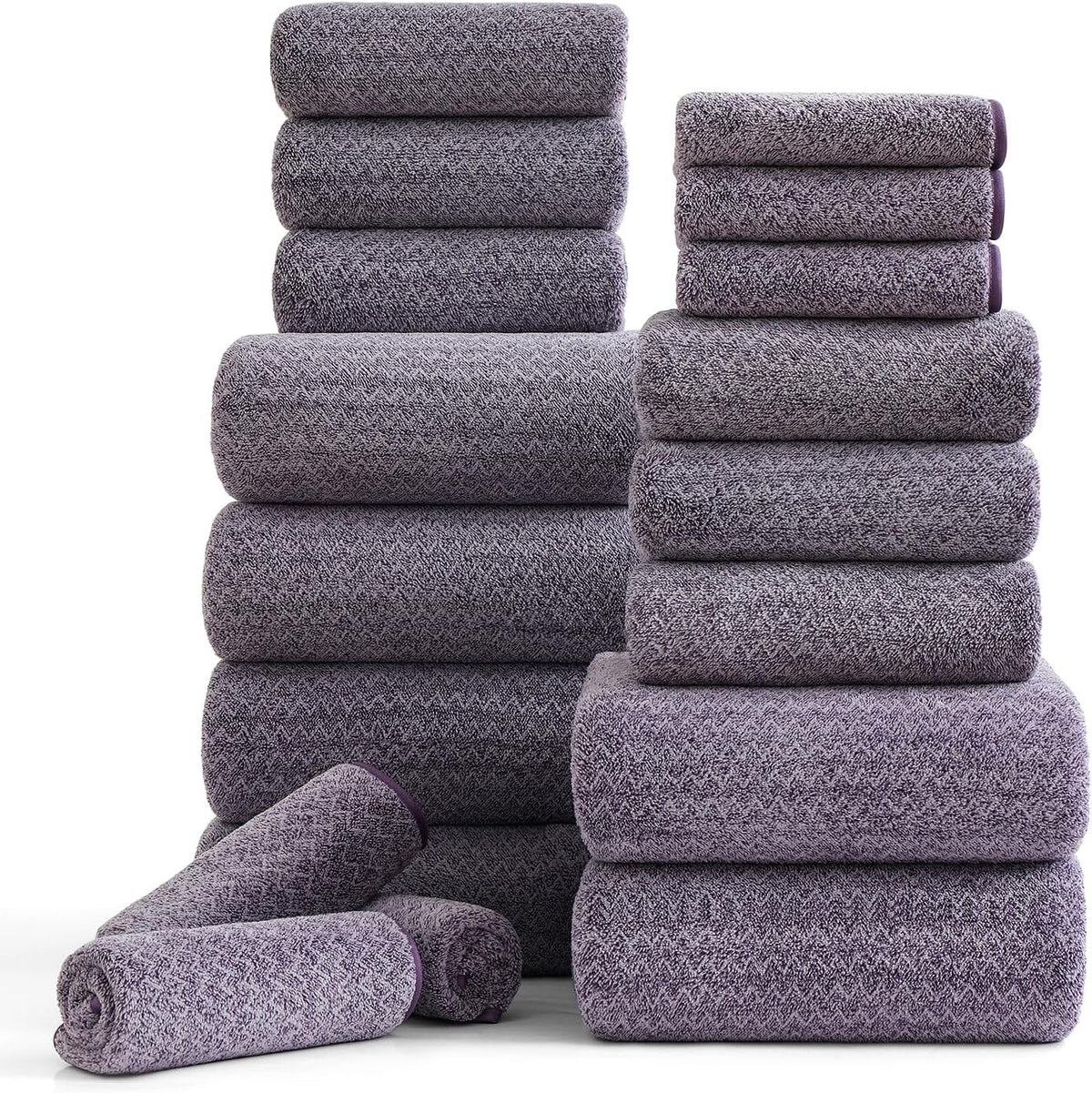 18 Piece Bath Towels Set,100% Microfiber Family Bathroom Towel with Hanging Loops-6 Bath Towels,6 Hand Towels,6 Washcloths,Quick Dry Highly Absorbent Shower Towel for Bathroom,Hotel,Spa-Dark Purple