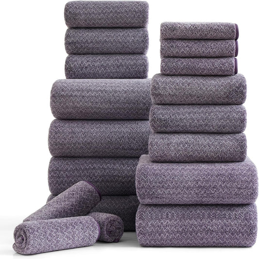 18 Piece Bath Towels Set,100% Microfiber Family Bathroom Towel with Hanging Loops-6 Bath Towels,6 Hand Towels,6 Washcloths,Quick Dry Highly Absorbent Shower Towel for Bathroom,Hotel,Spa-Dark Purple