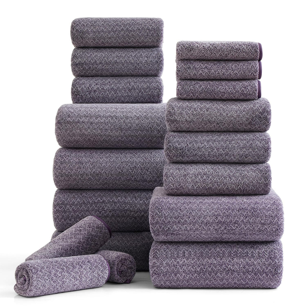 18 Piece Bath Towels Set,100% Microfiber Family Bathroom Towel with Hanging Loops-6 Bath Towels,6 Hand Towels,6 Washcloths,Quick Dry Highly Absorbent Shower Towel for Bathroom,Hotel,Spa-Dark Purple