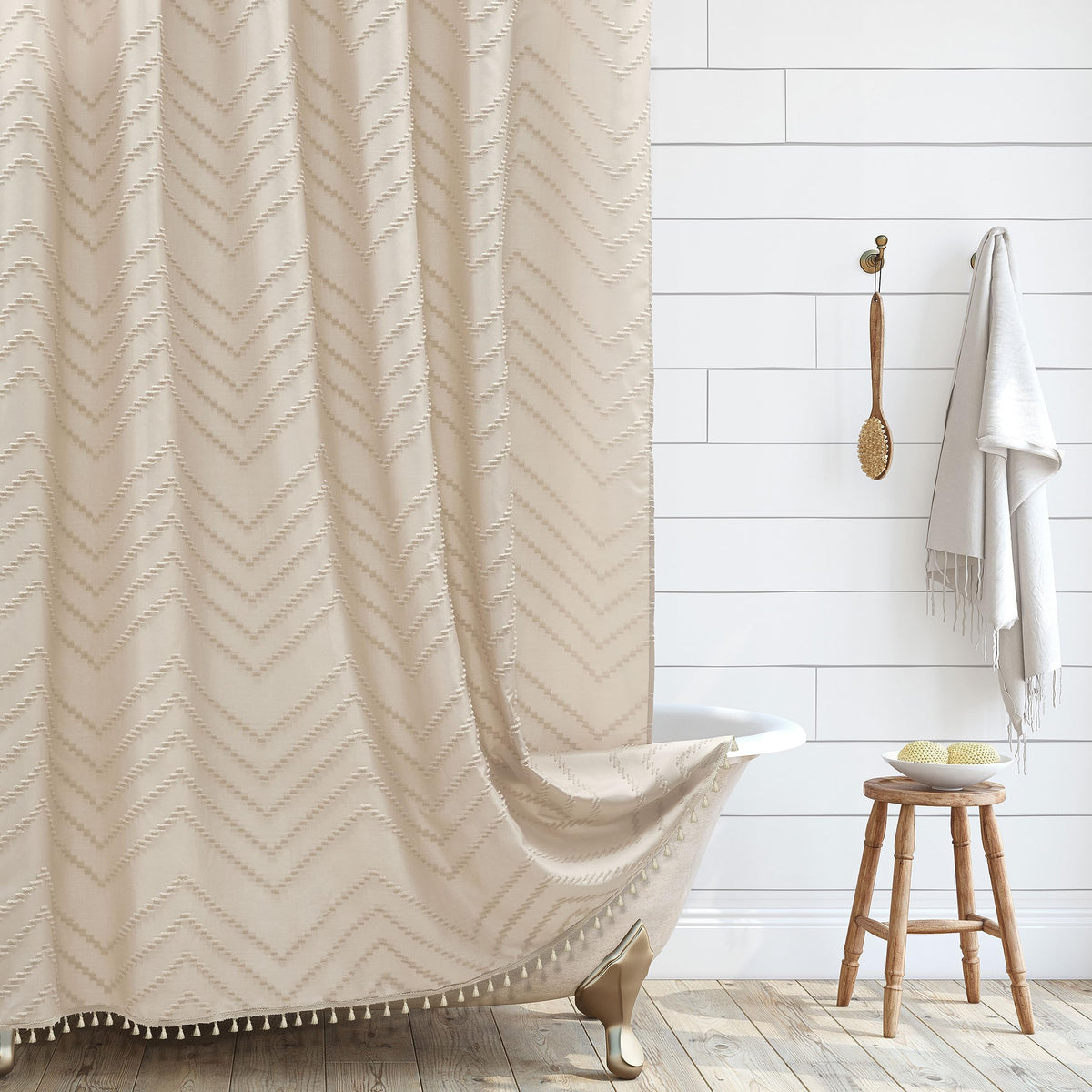 Siiluminisoy Boho Shower Curtain with Tassel Woven Fabric Olive Green Shower Curtain 72 x 72 Modern Farmhouse Textured Tufted Chevron Striped Minimalist Bathroom Shower Curtains