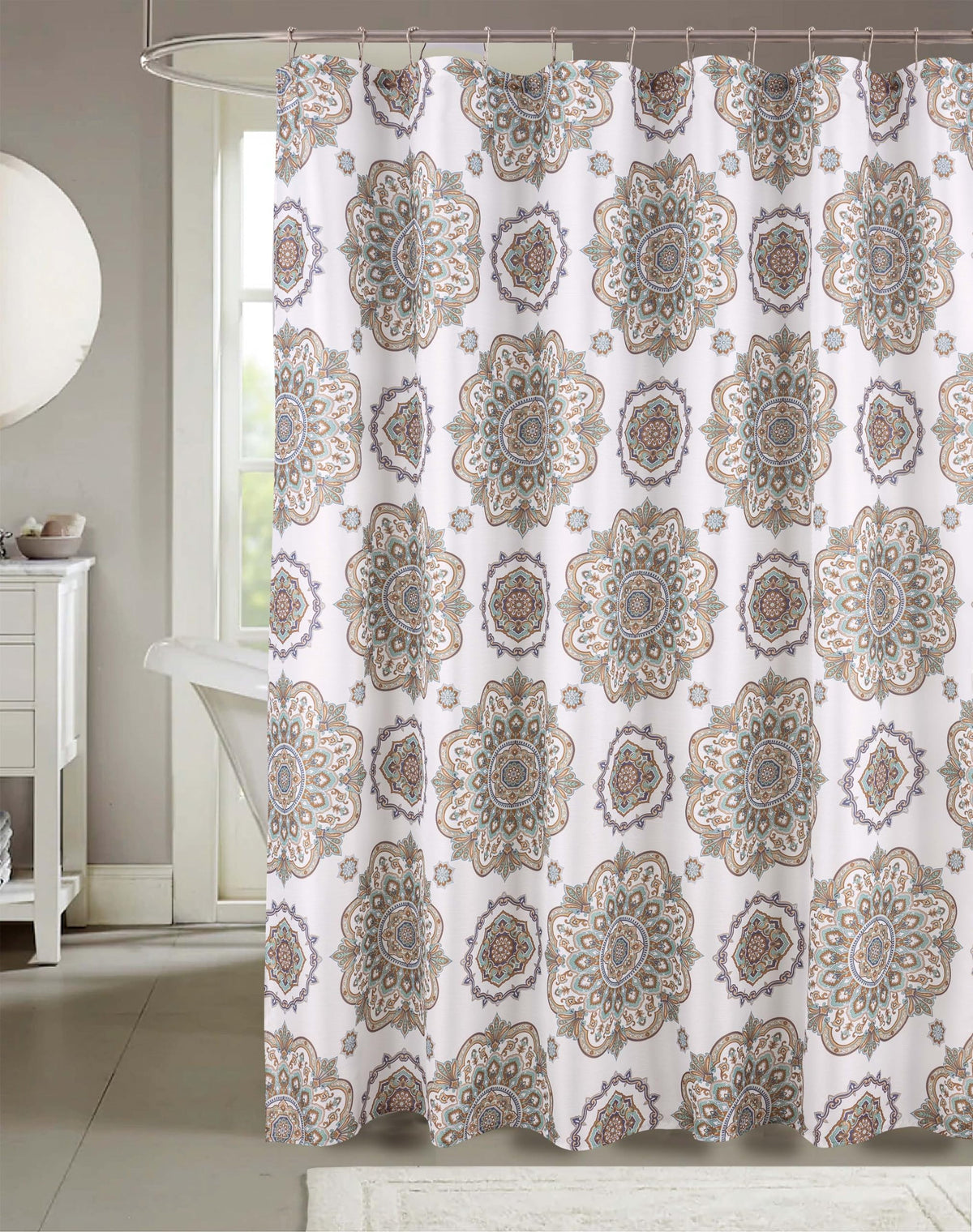 Blue Floral Fabric Shower Curtain Farmhouse Border Design for Bath 72x72