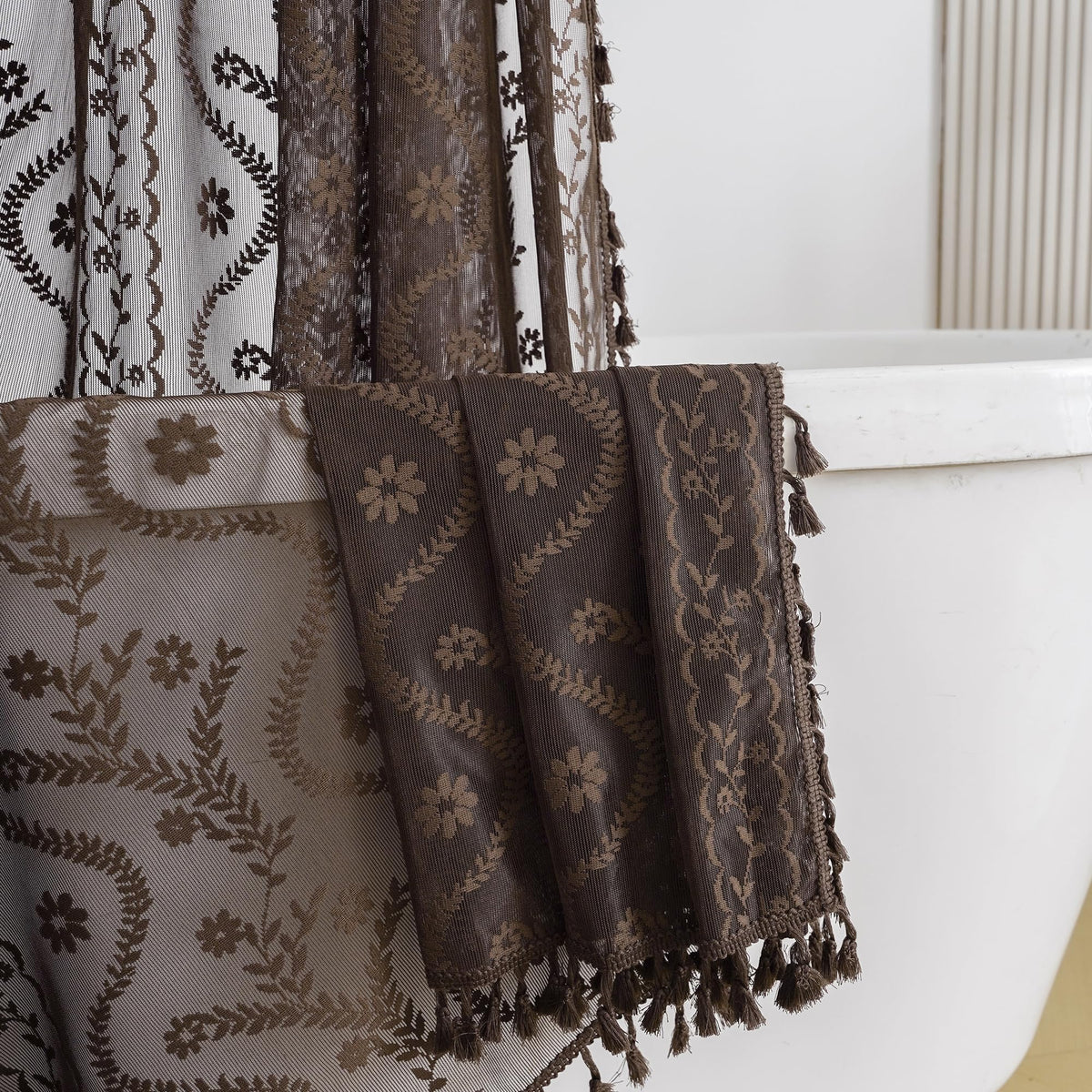 WAZZIO Dark Sage Green Lace Shower Curtain,Boho Chic,72 x 84 in
