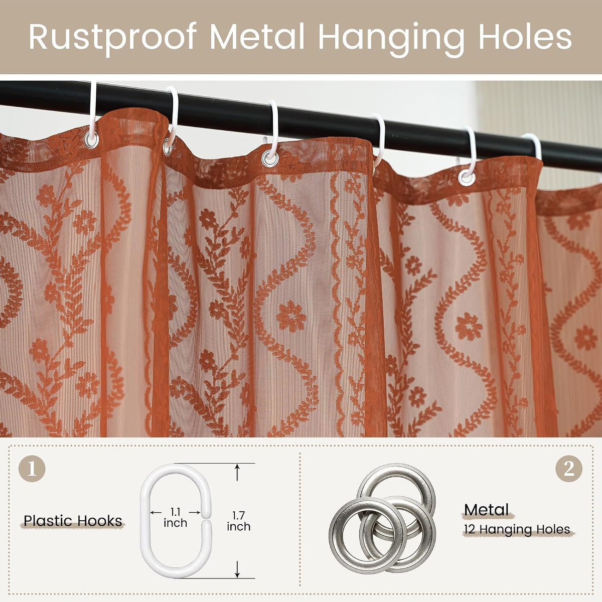 WAZZIO Terracotta Lace Shower Curtain,Boho Chic Fall Color,72 x 72 in