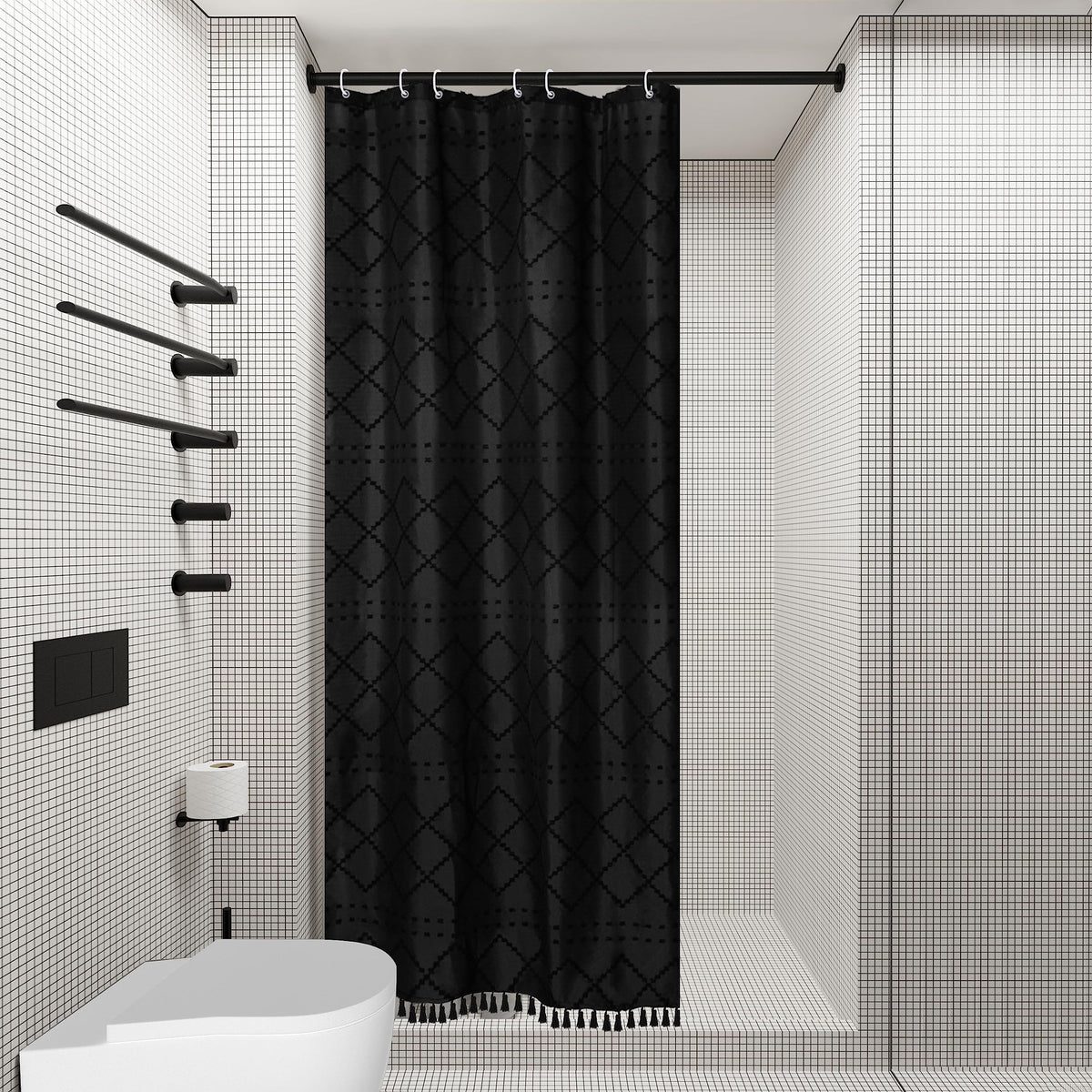 White Boho Shower Curtain Fabric Shower Curtains with Tassel 72 x 72 Modern Textured Shower Curtain Farmhouse Minimalist, Tufted Chevron Striped Shabby Chic, Water Resistant Cloth Curtain for Bathroom