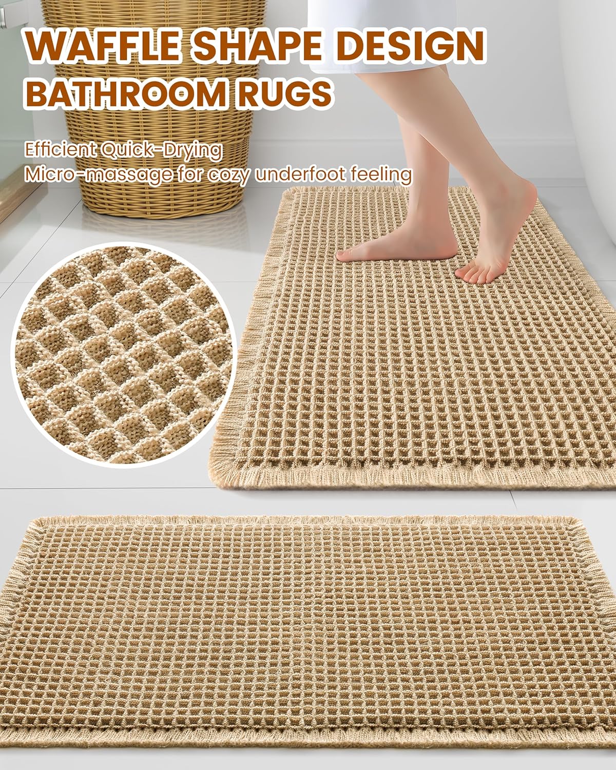 Smiry Waffle Bathroom Rugs Sets 2 Piece (30x20+24x16, Brown)